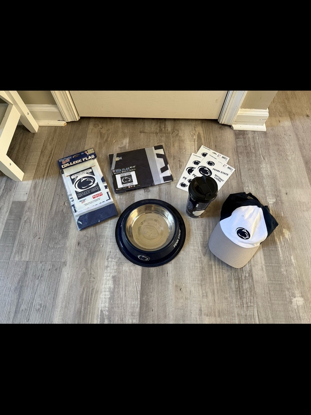 PSU lot flags, hat, dog bowl